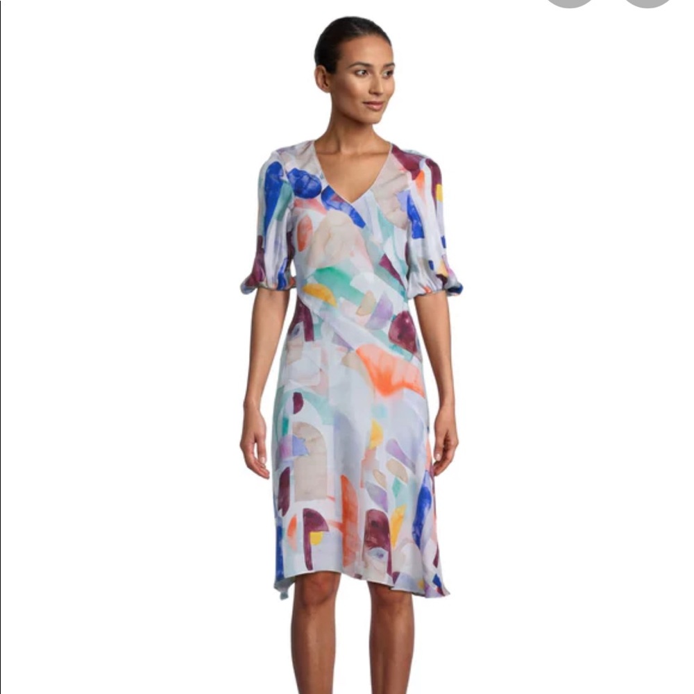 ROBERT GRAHAM Olivia Watercolor V-neck Balloon Sleeve Dress In Multi